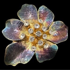 Vintage Iridescent Flower Brooch with Rhinestone Center